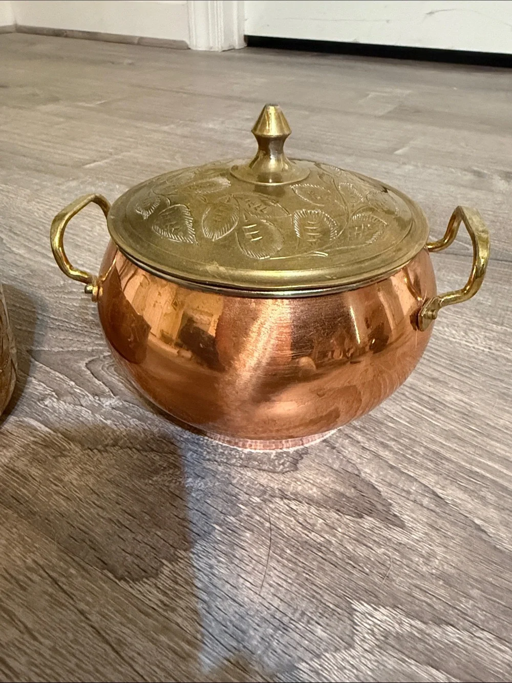 Sarna Etched Brass Bowl and Copper and Brass Handi Handled Pot  3 pieces Lot